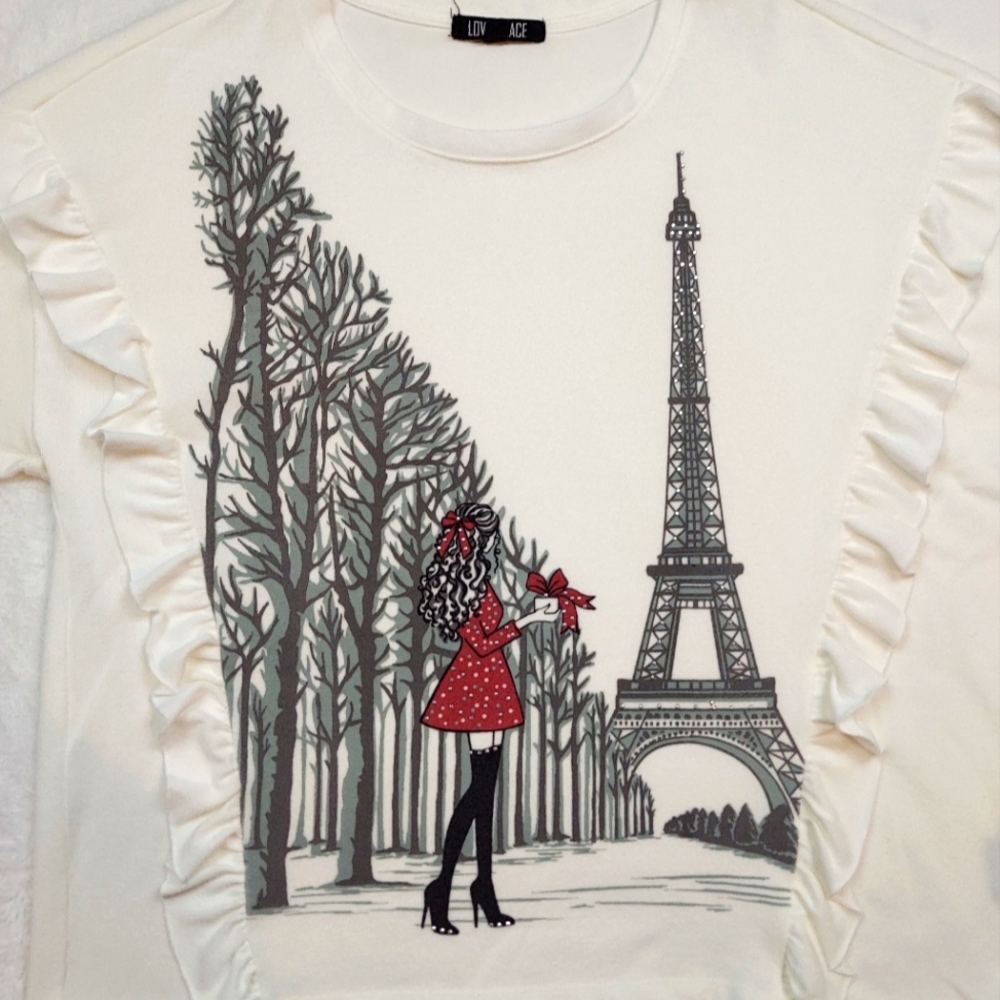Love + Lace Cream Eiffel Tower & Lady Winter Scene Ruffle Detail Sweatshirt 3X - Picture 2 of 11